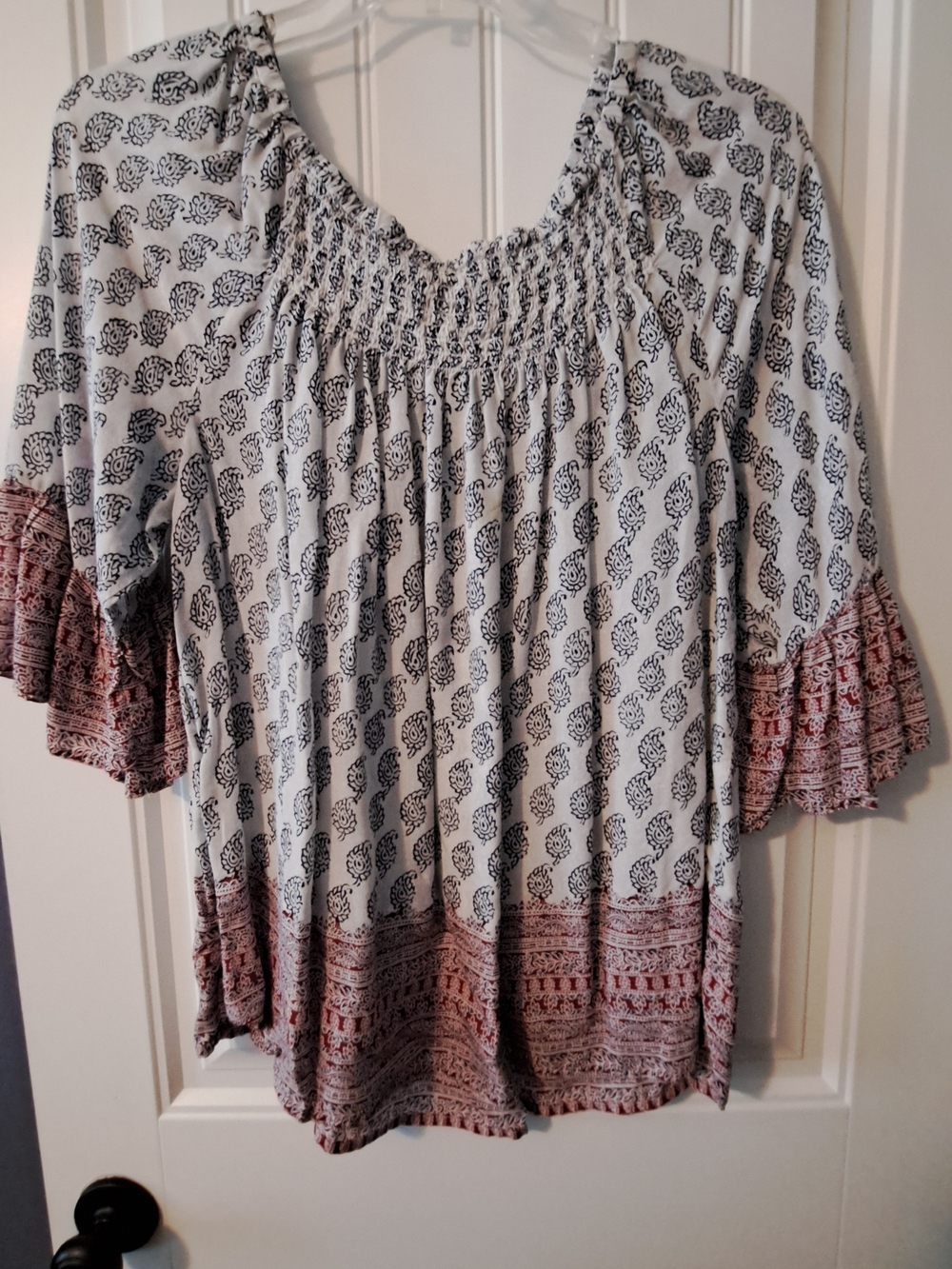 beachlunchlounge White Boho Smocked Neck Top with Rust Border